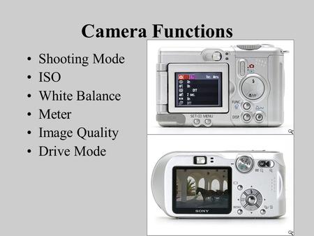 Camera Functions Shooting Mode ISO White Balance Meter Image Quality Drive Mode.