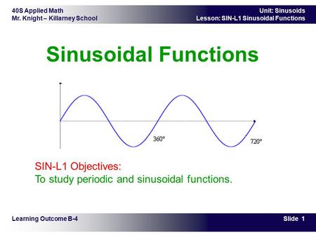 40S Applied Math Mr. Knight – Killarney School Slide 1 Unit: Sinusoids Lesson: SIN-L1 Sinusoidal Functions Sinusoidal Functions Learning Outcome B-4 SIN-L1.