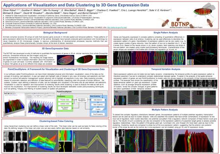 Applications of Visualization and Data Clustering to 3D Gene Expression Data Oliver Rübel 1,2,3,7, Gunther H. Weber 3,7, Min-Yu Huang 1,7, E. Wes Bethel.
