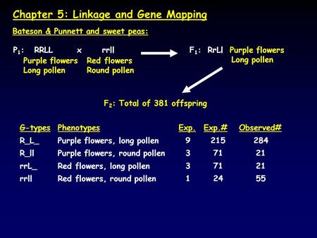 G-typesPhenotypesExp.Exp.#Observed# R_L_Purple flowers, long pollen9215284 R_llPurple flowers, round pollen37121 rrL_Red flowers, long pollen37121 rrllRed.