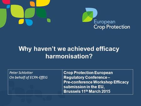 Why haven’t we achieved efficacy harmonisation? Peter Schlotter On behalf of ECPA-EffEG Crop Protection European Regulatory Conference – Pre-conference.