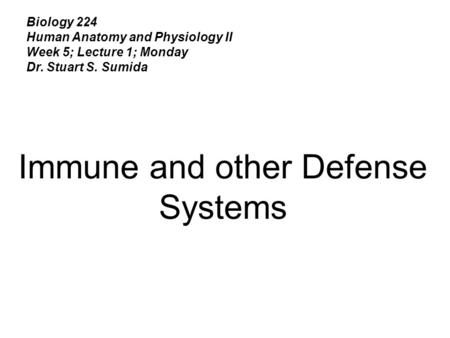 Biology 224 Human Anatomy and Physiology II Week 5; Lecture 1; Monday Dr. Stuart S. Sumida Immune and other Defense Systems.