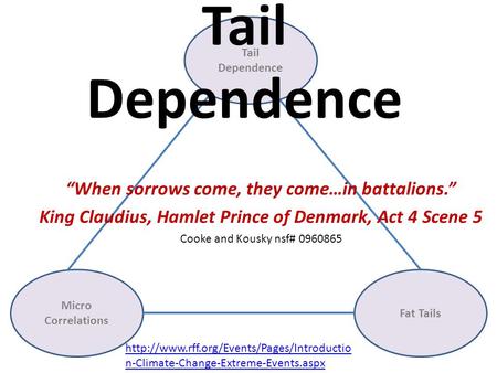 Tail Dependence Fat Tails Micro Correlations Tail Dependence “When sorrows come, they come…in battalions.” King Claudius, Hamlet Prince of Denmark, Act.