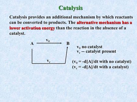 Catalysis Catalysis provides an additional mechanism by which reactants can be converted to products. The alternative mechanism has a lower activation.