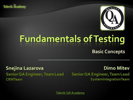 Basic Concepts Snejina Lazarova Senior QA Engineer, Team Lead CRMTeam Dimo Mitev Senior QA Engineer, Team Lead SystemIntegrationTeam Telerik QA Academy.