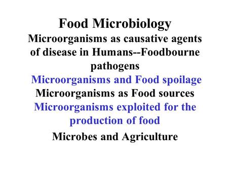 Food Microbiology Microorganisms as causative agents of disease in Humans--Foodbourne pathogens Microorganisms and Food spoilage Microorganisms as Food.