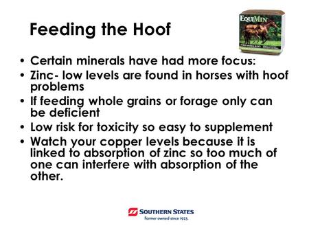 Certain minerals have had more focus: Zinc- low levels are found in horses with hoof problems If feeding whole grains or forage only can be deficient Low.