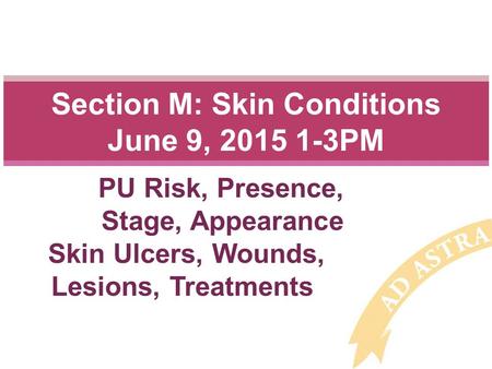 Section M: Skin Conditions June 9, 2015 1-3PM PU Risk, Presence, Stage, Appearance Skin Ulcers, Wounds, Lesions, Treatments.