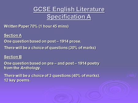 GCSE English Literature Specification A Written Paper 70% (1 hour 45 mins) Section A One question based on post – 1914 prose. There will be a choice of.