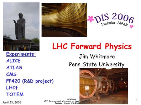 April 23, 2006 DIS2006 XIV International Workshop on Deep Inelastic Scattering Tsukuba, Japan, 20-24/April/2006 1 LHC Forward Physics Jim Whitmore Penn.