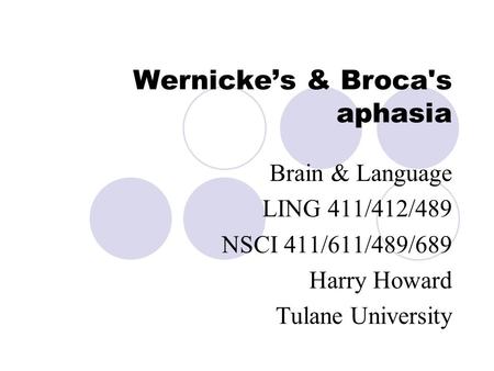 Wernicke’s & Broca's aphasia Brain & Language LING 411/412/489 NSCI 411/611/489/689 Harry Howard Tulane University.
