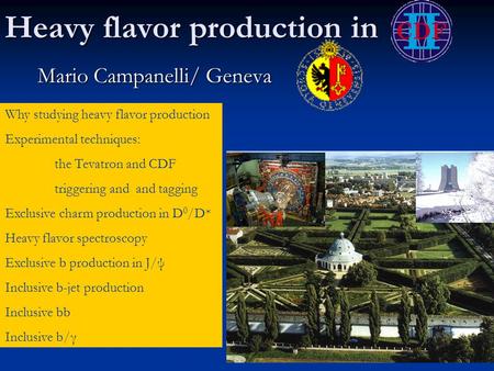 Heavy flavor production in Mario Campanelli/ Geneva Why studying heavy flavor production Experimental techniques: the Tevatron and CDF triggering and and.