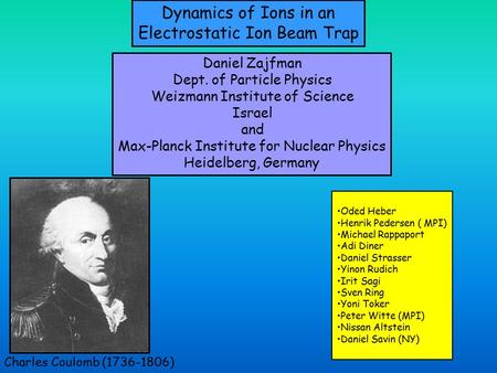 Dynamics of Ions in an Electrostatic Ion Beam Trap Daniel Zajfman Dept. of Particle Physics Weizmann Institute of Science Israel and Max-Planck Institute.