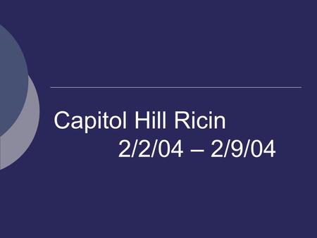 Capitol Hill Ricin 2/2/04 – 2/9/04. Incident Description  White Powder – Senator Frist Mailroom –Found 2/2/04  Initial Assessment by Capitol Police.