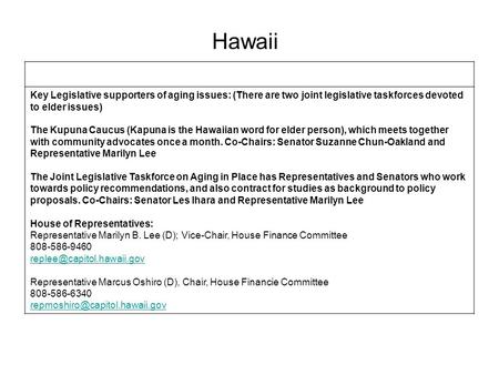 Key Legislative supporters of aging issues: (There are two joint legislative taskforces devoted to elder issues) The Kupuna Caucus (Kapuna is the Hawaiian.