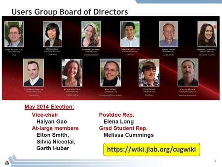Users Group Board of Directors May 2014 Election: 1 Vice-chair Haiyan Gao At-large members Elton Smith, Silvia Niccolai, Garth Huber Postdoc Rep. Elena.