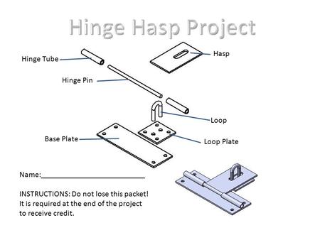 Name:__________________________ INSTRUCTIONS: Do not lose this packet! It is required at the end of the project to receive credit. Base Plate Hasp Hinge.