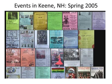 Events in Keene, NH: Spring 2005. Events in Keene, NH: Summer 2009 Built on Microsoft Azure Data flows in from: Eventful.com Upcoming.org A curated list.