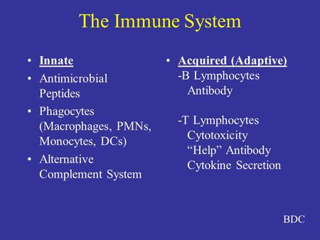 The Immune System Innate Antimicrobial Peptides Phagocytes (Macrophages, PMNs, Monocytes, DCs) Alternative Complement System Acquired (Adaptive) -B Lymphocytes.