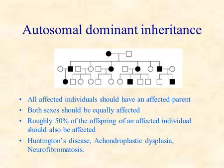 Autosomal dominant inheritance All affected individuals should have an affected parent Both sexes should be equally affected Roughly 50% of the offspring.