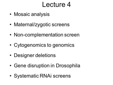 Lecture 4 Mosaic analysis Maternal/zygotic screens Non-complementation screen Cytogenomics to genomics Designer deletions Gene disruption in Drosophila.
