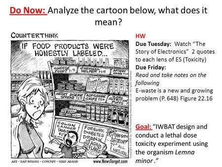 Do Now: Analyze the cartoon below, what does it mean? HW Due Tuesday: Watch “The Story of Electronics” 2 quotes to each lens of ES (Toxicity) Due Friday: