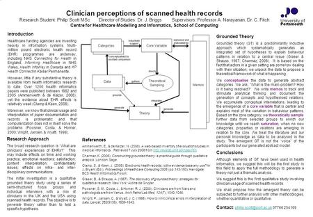 Clinician perceptions of scanned health records Research Student: Philip Scott MScDirector of Studies: Dr. J. BriggsSupervisors: Professor A. Narayanan,