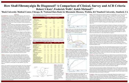 How Shall Fibromyalgia Be Diagnosed? A Comparison of Clinical, Survey and ACR Criteria Robert S Katz 1, Frederick Wolfe 2, Kaleb Michaud 2,3 1 Rush University.