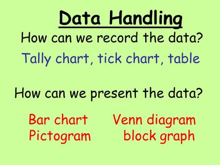 How can we present the data? How can we record the data? Tally chart, tick chart, table Bar chart Venn diagram Pictogram block graph Data Handling.