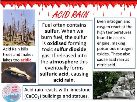 Even nitrogen and oxygen react at the high temperatures found in a car’s engine, making poisonous nitrogen oxides. These also cause acid rain as nitric.