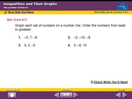 Inequalities and Their Graphs PRE-ALGEBRA LESSON 2-8 (For help, go to Lesson 1-4.) Graph each set of numbers on a number line. Order the numbers from least.