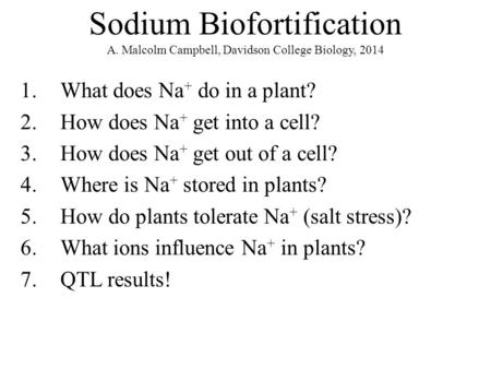 1.What does Na + do in a plant? 2.How does Na + get into a cell? 3.How does Na + get out of a cell? 4.Where is Na + stored in plants? 5.How do plants tolerate.