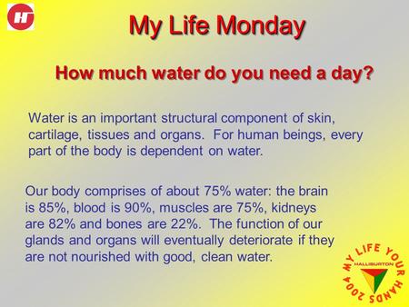 My Life Monday How much water do you need a day? Water is an important structural component of skin, cartilage, tissues and organs. For human beings, every.