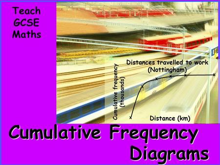 Cumulative frequency (thousands) Distances travelled to work (Nottingham) x x x x x x Distance (km) Teach GCSE Maths Diagrams Cumulative Frequency.