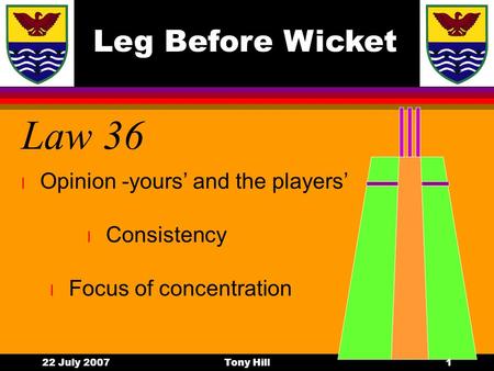 Leg Before Wicket 22 July 2007Tony Hill1 Law 36 l Focus of concentration l Consistency l Opinion -yours’ and the players’