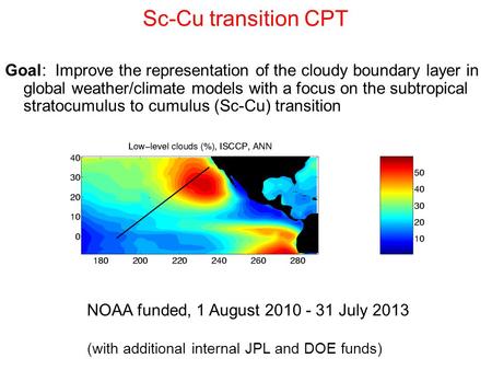 Sc-Cu transition CPT Goal: Improve the representation of the cloudy boundary layer in global weather/climate models with a focus on the subtropical stratocumulus.