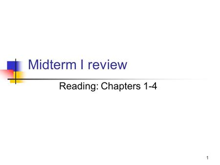 1 Midterm I review Reading: Chapters 1-4. 2 Test Details In class, Wednesday, Feb. 25, 2015 3:10pm-4pm Comprehensive Closed book, closed notes.