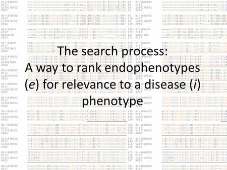 The search process: A way to rank endophenotypes (e) for relevance to a disease (i) phenotype.