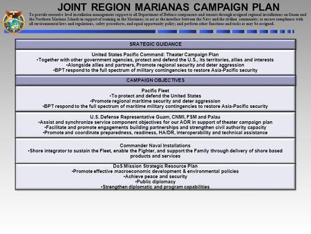 JOINT REGION MARIANAS CAMPAIGN PLAN SRATEGIC GUIDANCE United States Pacific Command: Theater Campaign Plan Together with other government agencies, protect.