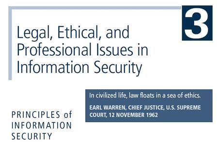 Principles of Information Security, 3rd Edition2 Introduction  You must understand scope of an organization’s legal and ethical responsibilities  To.
