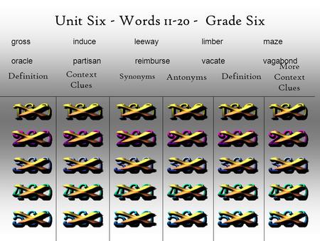 Unit Six - Words 11-20 - Grade Six Definition Context Clues Synonyms Antonyms Definition More Context Clues gross induce leeway limber maze oracle partisan.