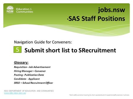 Navigation Guide for Conveners: Submit short list to SRecruitment Glossary: Requisition - Job Advertisement Hiring Manager – Convener Posting - Publication.