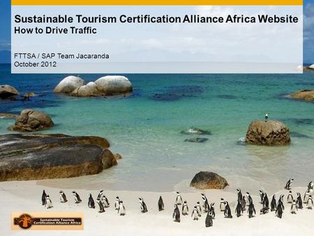 Sustainable Tourism Certification Alliance Africa Website How to Drive Traffic FTTSA / SAP Team Jacaranda October 2012.