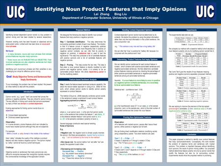 TEMPLATE DESIGN © 2008 www.PosterPresentations.com Identifying Noun Product Features that Imply Opinions Lei Zhang Bing Liu Department of Computer Science,