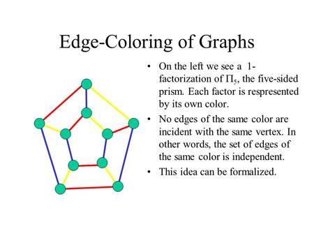 Edge-Coloring of Graphs On the left we see a 1- factorization of  5, the five-sided prism. Each factor is respresented by its own color. No edges of the.