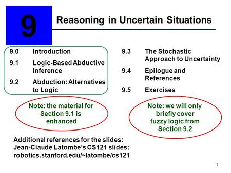 1 Reasoning in Uncertain Situations 9 9.0Introduction 9.1Logic-Based Abductive Inference 9.2Abduction: Alternatives to Logic 9.3The Stochastic Approach.
