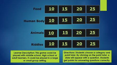 15 20 25 10 Food Animals Riddles 10 15 20 25 20 Human Body Learner Description: This game could be played with middle school, high school or adult learners.