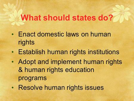 What should states do? Enact domestic laws on human rights Establish human rights institutions Adopt and implement human rights & human rights education.