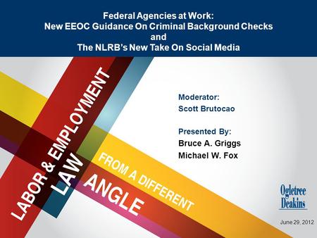 Title Goes Here Moderator: Scott Brutocao Presented By: Bruce A. Griggs Michael W. Fox Federal Agencies at Work: New EEOC Guidance On Criminal Background.
