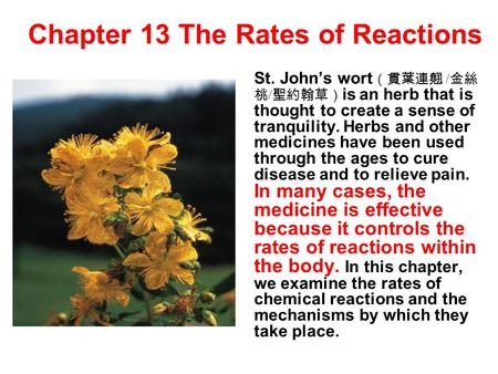 Chapter 13 The Rates of Reactions St. John’s wort （貫葉連翹 / 金絲 桃 / 聖約翰草） is an herb that is thought to create a sense of tranquility. Herbs and other medicines.